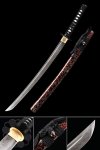 Handmade T10 Carbon Steel Real Hamon Japanese Wakizashi Sword With Red Scabbard And Sunflower Tsuba
