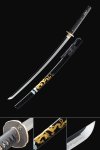 T10 Carbon Steel Katana with Gold Dragon Saya in Black Piano Lacquer - Ornate Scroll Tsuba