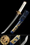 T10 Steel Tanto with Blue Dragon Lacquered Saya - Gold Tsuba, White Cord Handle, Real Hamon