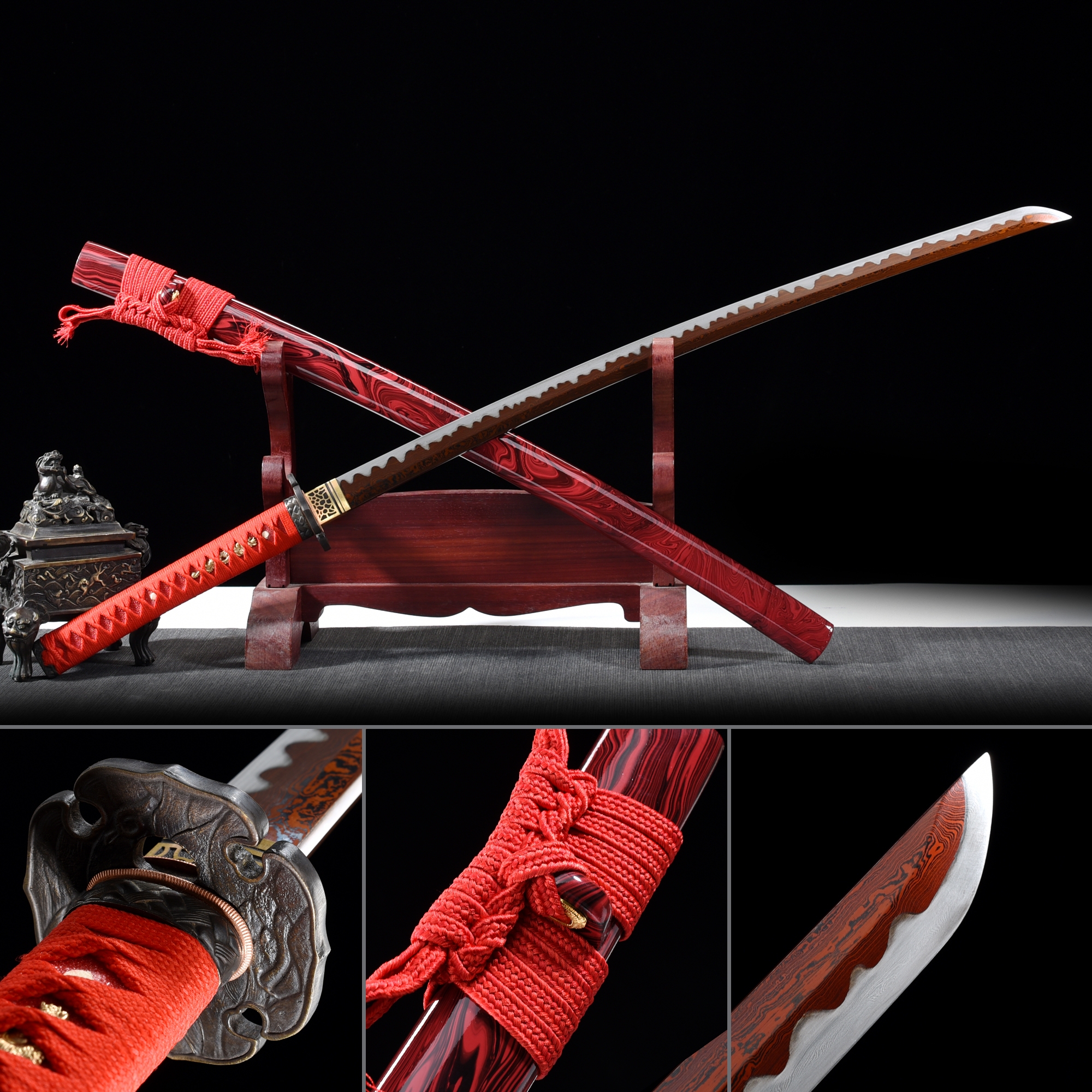 High Performance Pattern Steel Red Blade Real Japanese Katana Samurai Sword With Red Scabbard