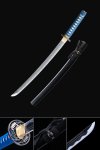 Wakizashi in 1065 Carbon Steel with Black Lacquer Saya and Blue Cord Handle