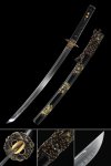 T10 Carbon Steel Wakizashi with Real Hamon in Black Lacquer Saya - Bronze Ornate Scroll Tsuba