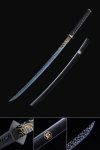Black & Blue Katana - Manganese Steel Blade with Geometric Engraving, Black Hardwood Saya