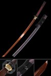 Red Blade Damascus Steel Katana with Marble Purple Saya and Floral Alloy Tsuba - Full Tang Collectible Sword