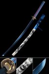 Blue Manganese Steel Katana with Buddha-Print White Saya - Blue-Red Tsuka Ito, Bronze Alloy Tsuba