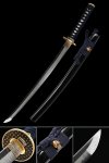 T10 Carbon Steel Wakizashi with Real Hamon - Dark Blue Ito, Gold-Black Alloy Tsuba, Black Lacquer Saya