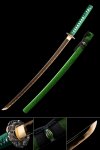 1045 Carbon Steel Katana with Bronze-Gold Blade and Green Speckled Saya - Full Tang Japanese Sword with Wave Tsuba