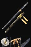 1045 Carbon Steel Ninjato with Wave-Engraved Black Blade and Gold Vine Saya - Dragon Tsuba Ninja Sword