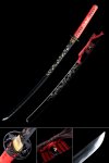 Manganese Steel Katana Sword with Red Ito Handle and Floral Engraved Black Saya - Collectible Samurai Sword