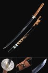 1060 Carbon Steel Katana with Dragon-Painted Black Saya and Phoenix Alloy Tsuba - Brown Ito Wrap