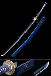 Manganese Steel Blue Blade Katana with Bamboo Gold Tsuba and Blue Lacquer Saya