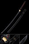 1060 Carbon Steel Katana with Black Blade and Floral Alloy Tsuba - Red and Black Ito Full Tang Samurai Sword