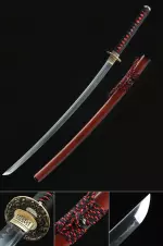 Handmade Japanese Katana Sword T10 Folded Clay Tempered Steel With Crimson Scabbard