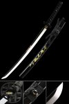 1095 Carbon Steel Wakizashi with Black Lacquer Saya and Chrysanthemum Alloy Tsuba