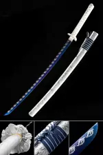 Handmade Japanese Samurai Sword With Blue Blade And Silver Scabbard