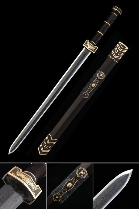 Handmade Chinese Straight Double Edged Sword Han Dynasty With Black Scabbard