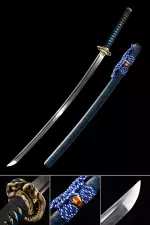 Handmade Japanese Samurai Sword Damascus Steel Real Hamon With Blue Scabbard