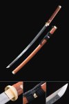 T10 Carbon Steel Katana with Real Hamon - Brown Hardwood Saya, Gold Tsuba, Black Sageo