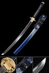 T10 Carbon Steel Wakizashi with Real Hamon in Blue-White Lacquer Saya - Gold Dragon Tsuba