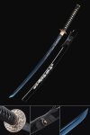 1045 Manganese Steel Katana with Blue Blade and Floral Engraving in Black Piano-Lacquer Saya