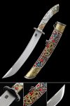 Tibetan Short Sword - Carbon Steel With Gold Dragon Sheath Red Enamel & Turquoise Inlay 7 Inches