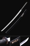 T10 Carbon Steel Katana with Black Lacquer Hardwood Saya - Silver Round Tsuba, Black-White Ito