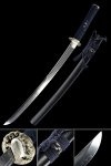 T10 Carbon Steel Wakizashi with Black Lacquer Saya - Dark Blue Cord Handle, Gold Scroll Tsuba