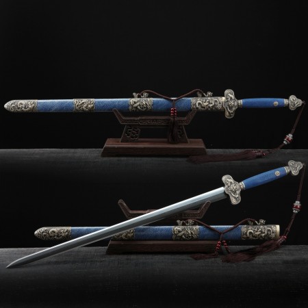 Handmade Blue Rayskin Chinese Dragon Theme Damascus Steel Real Chinese Swords