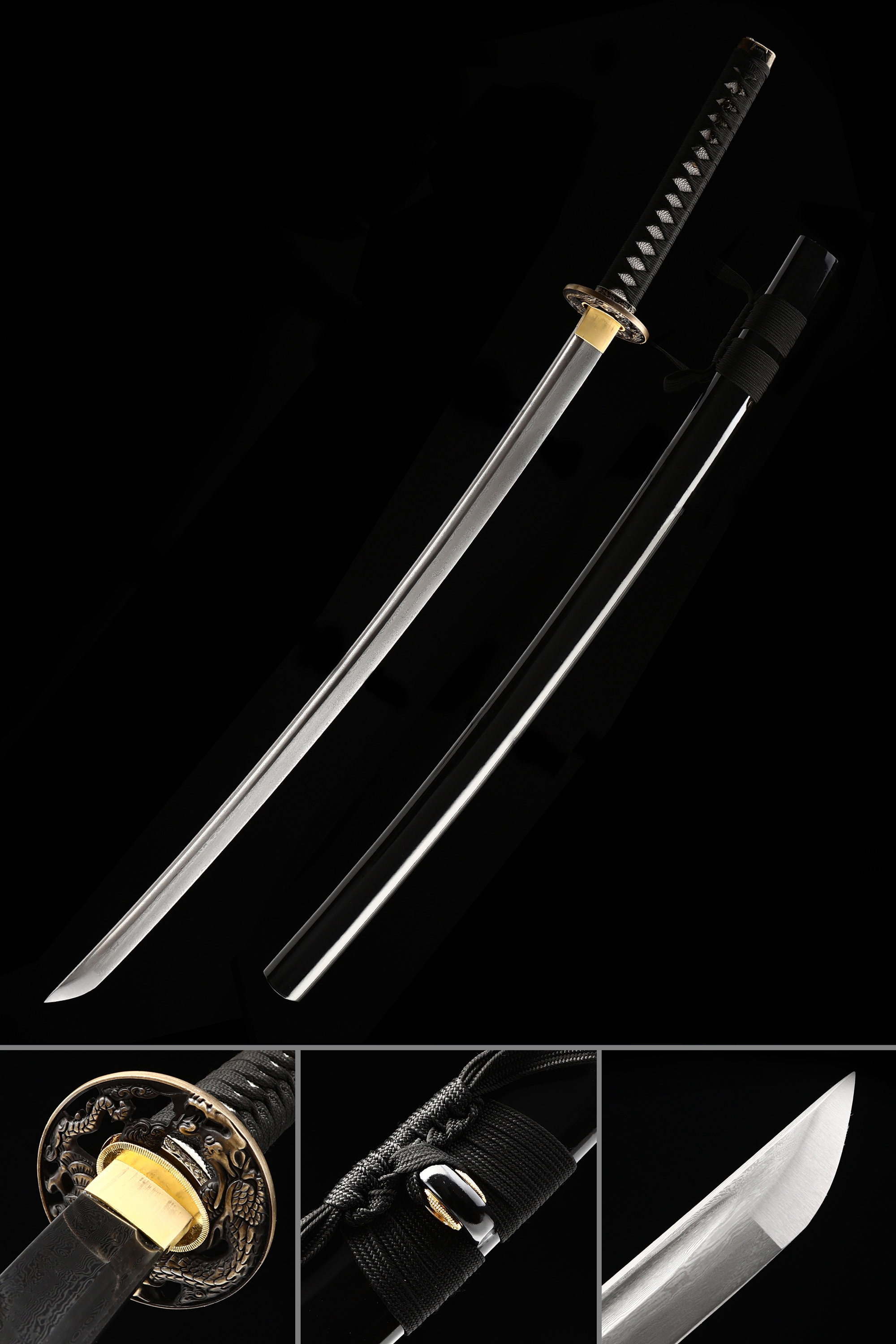 Handmade Japanese Katana Sword Damascus Steel With Black Scabbard Handmade Japanese Katana Sword Damascus Steel With Black Scabbard