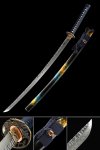T10 Carbon Steel Katana with Clay-Tempered Blade, Wave Tsuba in Dark Blue & Black-Gold Saya