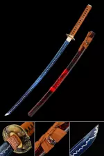 Handmade Japanese Samurai Sword 1095 Steel Full Tang With Blue Blade And Skull Tsuba