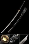 Handmade Japanese Katana Sword Damascus Steel With Black Scabbard And Lion Tsuba
