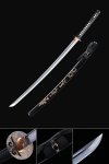 1060 Carbon Steel Katana with Gold Floral Copper Tsuba and Black Piano Lacquer Saya - Full Tang Samurai Sword