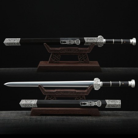 Chinese Retro Silver Theme Han Dynasty Damascus Steel Full Tang Chinese Swords