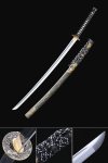 Spring Steel Japanese Katana with Gold Dragon Saya and Copper Tiger Tsuba - Black Ito Wrap