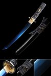 1060 Carbon Steel Tanto in Blue Blade with Black Lacquer Saya and Gold Tsuba