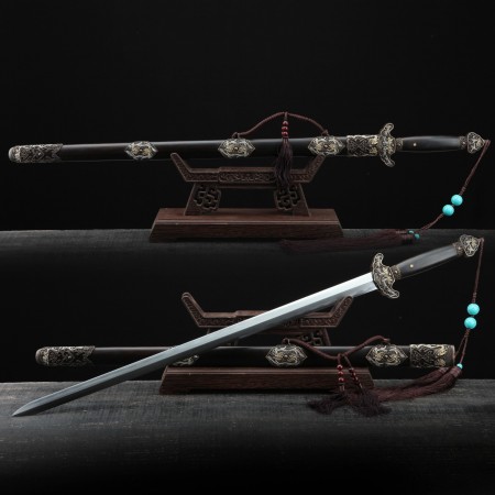 Handmade Black Sandalwood Damascus Steel Dragon Theme Chinese King Swords