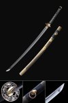 Damascus Steel Katana with Gold-Black Lacquer Saya - Dragon Tsuba, Black Cord Handle, Folded Blade