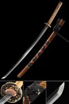 Tamahagane Steel Katana with Hand-Painted Floral Saya in Brown Honeycomb Lacquer and Copper Bamboo Tsuba