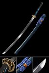 Handmade Japanese Samurai Sword Damascus Steel Real Hamon With Blue Scabbard