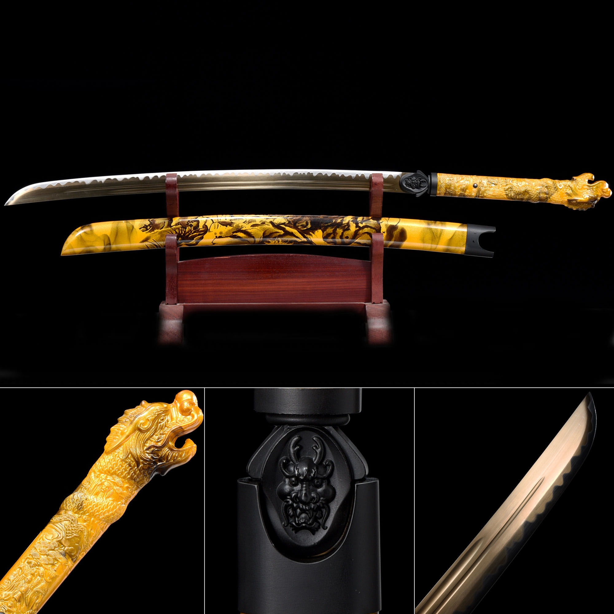 Handmade High Manganese Steel Yellow Saya And Dragon Theme Real Katana