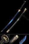 Handmade Japanese Samurai Sword With Blue Damascus Steel Blade