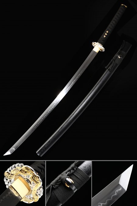 Japanese Katana Sword T10 Folded Clay Tempered Steel With Black Scabbard