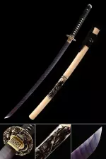 Handmade Damascus Steel Katana Sword Full Tang With Blue Blade And Natural Scabbard