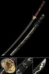1095 Carbon Steel Katana with Black Blade and Gold Lightning Hamon in Marble Hardwood Saya