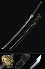 Handmade Japanese Katana Sword T10 Folded Clay Tempered Steel With Black Scabbard