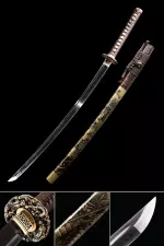 Handmade Japanese Katana Sword T10 Folded Clay Tempered Steel Real Hamon With Dragon Tsuba