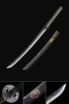 Hand Forged Manganese Steel Wakizashi with Kanji Engraved Black-Gold Saya and Copper Tsuba