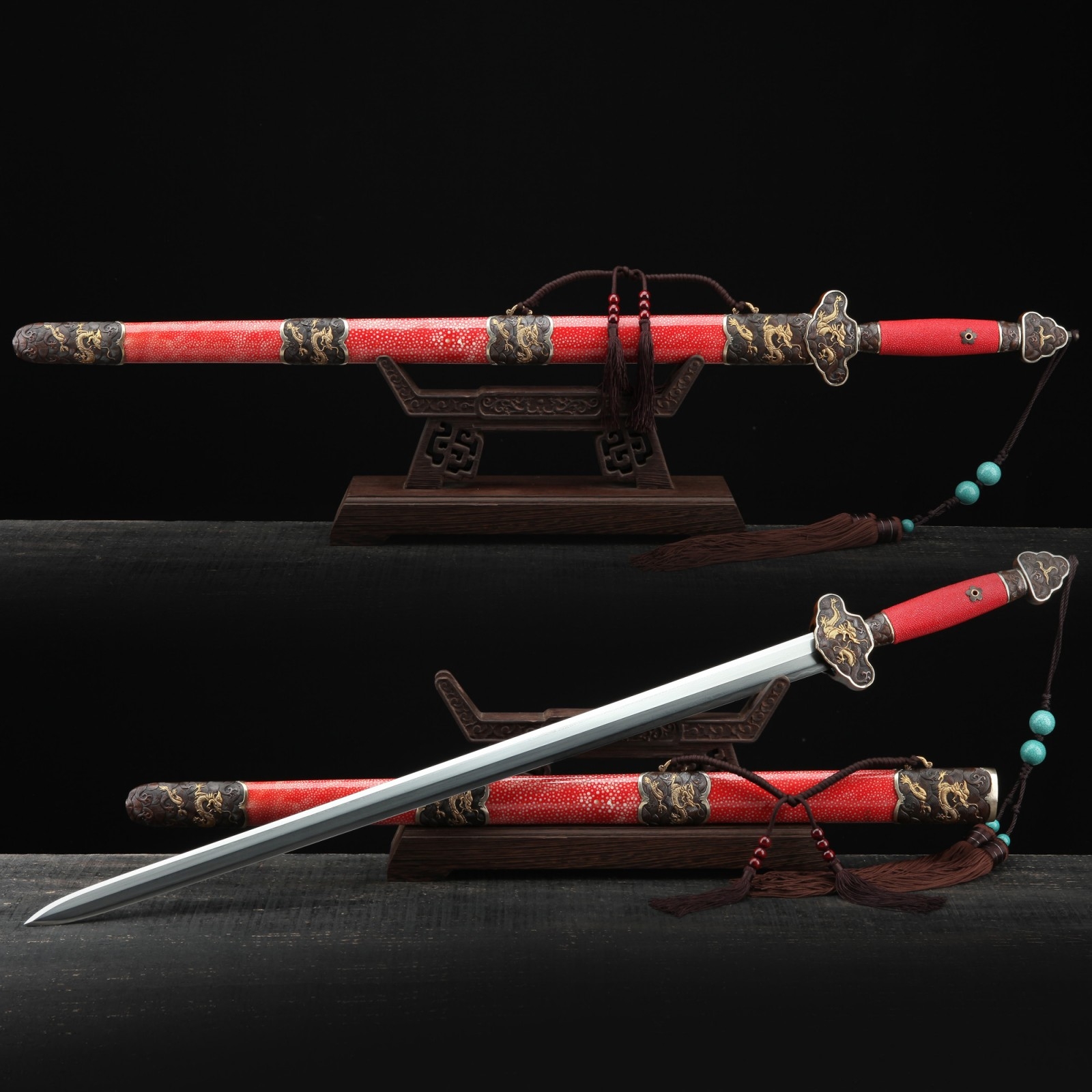 Red Real Rayskin Dragon Theme Damascus Steel Clay Tempered Chinese Swords Red Real Rayskin Dragon Theme Damascus Steel Clay Tempered Chinese Swords