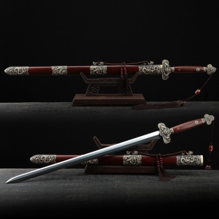 Handmade Red Rosewood Chinese Dragon Theme Damascus Steel Chinese Swords